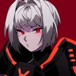  1girl black_shirt closed_mouth commentary english_commentary hair_intakes highres lobotomy_corporation myo_(project_moon) o3o project_moon red_background red_eyes shirt short_hair simple_background solo solo_a turtleneck v-shaped_eyebrows white_hair 