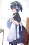  1girl absurdres alternate_costume apron black_dress black_pantyhose blue_eyes blue_hair blush cetacean_tail dress enmaided fins fish_tail frilled_apron frills grey_hair highres kemono_friends kemono_friends_3 looking_at_viewer maid maid_apron maid_headdress morrowine multicolored_hair narwhal_(kemono_friends) official_alternate_costume pantyhose puffy_short_sleeves puffy_sleeves short_hair_with_long_locks short_sleeves solo tail tray whale_girl white_apron 