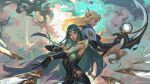  3girls black_gloves blonde_hair blue_eyes bracelet breasts closed_mouth crescent crescent_facial_mark crescent_moon diana_(league_of_legends) dreamway earrings elbow_gloves facial_mark falling_petals fighting_stance fingerless_gloves floating_hair forehead_mark gloves green_eyes green_hair hair_ornament hat highres holding holding_weapon incoming_attack irelia jewelry large_breasts league_of_legends long_hair looking_at_viewer miss_fortune_(league_of_legends) moon multiple_girls multiple_swords outdoors parted_bangs petals pirate_hat ruined_miss_fortune sentinel_(league_of_legends) sentinel_diana sentinel_irelia serious sidelocks single_fingerless_glove sky smile sword thighs v-shaped_eyebrows very_long_hair weapon yellow_eyes 