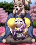  anthro asian_clothing asian_mythology bandai_namco bento_box canid canine cherry_blossom cherry_blossom_tree cherry_tree chopsticks clothing crossed_legs cute_fangs date digimon digimon_(species) duo east_asian_clothing east_asian_mythology eating exposed_shoulder female food fox fruit_tree furball genji hi_res hybrid imp impmon japanese_clothing japanese_mythology kimono larger_male male male/female mammal mythology on_lap outside picnic plant renamon renimpmon renimpmon_x sharing_food short_stack shorter_female sitting sitting_on_another size_difference smile sushi tree yokai 