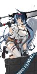 1girl absurdres animal_ears arknights belt_pouch black_hair blaze_(arknights) blue_eyes cat_ears chainsaw commentary highres holding holding_chainsaw jacket leaning_forward long_hair looking_to_the_side pouch rinne0611 simple_background solo standing standing_on_one_leg tank_top thigh_strap thighhighs weapon_across_shoulders white_background white_jacket white_tank_top white_thighhighs 