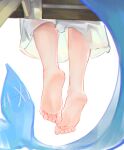  1girl chunkyeggy dress feet fins fish_tail foot_focus gawr_gura highres hololive hololive_english lower_body shark_girl shark_tail simple_background sitting soles solo tail toes virtual_youtuber white_background white_dress 