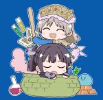  2girls ^_^ atelier_(series) atelier_totori black_hair blue_background blue_dress blue_sleeves blush book brown_hair cauldron chibi closed_eyes commentary_request dress flask gold_bar headdress holding long_hair mimi_houllier_von_schwarzlang multiple_girls open_book open_mouth outline puni_(atelier) round-bottom_flask smile totooria_helmold wakipiiiii white_outline 