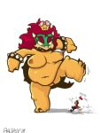  2018 angry anthro apeiron90 bowser bracelet bracelet_only breasts clothing crossgender crown crown_only dragon eye_contact feet fist hair hat headgear headwear horn human humanoid_feet hybrid jewelry koopa looking_at_another looking_down looking_up low_res macro mammal mario mario_bros micro navel nintendo nipples nude open_mouth overweight plantigrade red_hair reptile scalie shell signature simple_background size_difference spikes tail turtle white_background yellow_body 