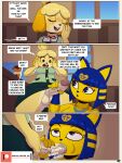  animal_crossing ankha_(animal_crossing) anthro balls blue_hair bottomwear breasts canid canine canis clothed clothing clothing_lift comic dialogue domestic_cat domestic_dog duo felid feline felis fellatio female genitals gynomorph hair handjob hi_res ike_marshall intersex isabelle_(animal_crossing) mammal nintendo oral penile penis sex skirt skirt_lift speech_bubble yellow_body 