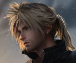  1boy absurdres aged_up beard black_shirt blonde_hair blue_eyes closed_mouth cloud cloud_strife cloudy_sky commentary earrings english_commentary facial_hair final_fantasy final_fantasy_vii final_fantasy_vii_remake high_collar high_ponytail highres jewelry looking_to_the_side male_focus portrait realistic safaiaart scar scar_on_cheek scar_on_face serious shirt sky spiked_hair stubble stud_earrings zipper 