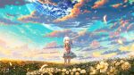  1girl benghuai_xueyuan blue_eyes bouquet cloud cloudy_sky copyright_name day field flower flower_field highres holding holding_bouquet honkai_(series) kiana_kaslana official_art outdoors petals scenery sky solo tearing_up white_hair 