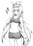  1girl ahoge animal_ears breasts cleavage collarbone greyscale hamao highres horse_ears horse_girl horse_tail long_hair looking_at_viewer medium_breasts monochrome navel oguri_cap_(umamusume) shorts simple_background smile solo sports_bra standing tail translation_request umamusume white_background 