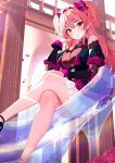  1girl bare_shoulders black_footwear blush breasts closed_mouth commentary crossed_legs earrings frills gem hair_between_eyes hair_intakes hair_ribbon hand_on_own_cheek hand_on_own_face hand_up highres idolmaster idolmaster_cinderella_girls jewelry jougasaki_mika large_breasts long_hair looking_at_viewer pink_hair ribbon sitting solo sutoroa thighs two_side_up yellow_eyes 