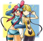  2girls :d arm_at_side bare_arms bare_shoulders black_choker black_pantyhose blonde_hair blue_eyes blue_gloves blue_shorts blunt_bangs breasts choker cleavage elbow_gloves elesa_(pokemon) gloves large_breasts locked_arms long_hair medium_breasts multiple_girls musical_note one_eye_closed pantyhose pokemon pokemon_(game) pokemon_bw rascal red_hair shared_headphones short_hair short_shorts shorts skyla_(pokemon) smile standing teeth upper_teeth_only 