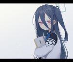  &lt;key&gt;_(blue_archive) &lt;key&gt;_(robot)_(blue_archive) 1girl absurdly_long_hair ao12073010 black_hair blue_archive character_doll commentary_request doll_hug from_side hair_between_eyes hair_ornament hairband halo highres jacket long_hair long_sleeves looking_at_viewer looking_to_the_side multicolored_clothes multicolored_jacket object_hug one_side_up red_eyes sidelocks simple_background solo two-tone_jacket very_long_hair 