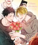  4boys absurdres black_eyes black_hair blonde_hair blush bouquet cellphone closed_eyes ear_piercing flower given happy_birthday highres holding_hands kashima_hiiragi_(given) male_focus multiple_boys multiple_piercings open_mouth out_of_frame phone piercing pinoli_(pinoli66) red_hair rose satou_mafuyu smartphone smile twitter_username yagi_shizusumi_(given) yaoi yellow_background yoshida_yuki_(given) 