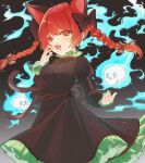  1girl absurdres animal_ears black_bow blue_fire blush bow cat_ears dark_background dress extra_ears fang fire frills ghost green_dress grey_background highres hitodama holding holding_skull juna22_a kaenbyou_rin open_mouth puffy_sleeves red_eyes red_hair skull sparks teeth touhou yawning 