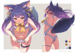  .live 1girl animal_ear_fluff animal_ears arms_behind_head arms_up ass bare_shoulders blush bow bowtie breasts cowboy_shot fox_girl hair_ribbon highres leotard long_hair looking_at_viewer menstrual_pad multiple_views navel open_mouth orange_eyes panties panty_pull purple_hair pussy pussy_juice ribbon rurun_rururica shiny_skin shy small_breasts standing tail thigh_strap twintails underwear utm_iota virtual_youtuber white_background wolf_ears wolf_tail yellow_ribbon 