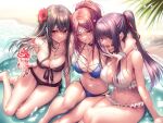  3girls bare_shoulders barefoot bikini blush breasts brown_eyes brown_hair cleavage closed_mouth day feet fingernails flower food frilled_bikini frills front-tie_bikini_top front-tie_top hair_flower hair_ornament hanikami_kanojo hibiscus high_ponytail holding holding_food jewelry lips long_hair looking_at_viewer medium_breasts minazumi_kasane multiple_girls myouga_satsuki navel necklace one_eye_closed open_mouth out_of_frame outdoors parted_lips partially_submerged piromizu ponytail purple_eyes purple_hair shaved_ice shizuki_neru shore simple_background sitting smile spoon stomach swimsuit teeth thighs water water_drop wet x_hair_ornament 