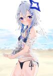  1girl absurdres amane_kanata amane_kanata_(6th_costume) angel_wings bare_shoulders bikini bikini_under_clothes black_bikini blue_hair blush breasts character_print closed_mouth commentary_request feathered_wings grey_hair hair_ornament hairclip halo highres hololive kakeru_(kakeruanim) long_hair looking_at_viewer mini_wings multicolored_hair outdoors pink_hair print_shirt purple_eyes see-through see-through_shirt shirt side-tie_bikini_bottom sidelocks small_breasts solo star_halo streaked_hair swimsuit virtual_youtuber wet wet_clothes wet_shirt white_shirt white_wings wings wringing_clothes x_hair_ornament 
