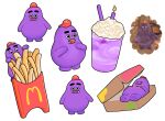  absurd_res beverage birthday black_eyes candle chicken_meat chicken_nugget child clothing darealbeens eating food fries fur grimace_(mcdonald&#039;s) hat headgear headwear hi_res male mcdonald&#039;s meat milkshake monster purple_body purple_fur simple_background sleeping smile white_background young 