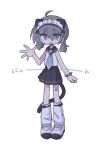  1girl ahoge animal_ears bandaid bandaid_on_leg bell black_skirt blue_necktie cat_ears cat_girl cat_tail collared_shirt fang full_body grey_hair hair_between_eyes hair_bobbles hair_ornament hand_up jingle_bell kanikan looking_at_viewer loose_socks low_twintails maid_headdress medium_hair miniskirt neck_bell necktie nyan open_mouth original pleated_skirt purple_eyes shirt shoes simple_background skirt sleeveless sleeveless_shirt socks solo spread_fingers standing tail translated twintails uwabaki watch white_background white_footwear white_shirt white_socks wristwatch 