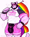  &lt;3 2023 5_fingers abs absurd_res anthro armwear backwards_hat barazoku beard big_muscles big_pecs big_tail black_clothing black_underwear bulge clothed clothing digital_media_(artwork) domestic_cat ear_piercing ear_ring ear_tuft el_micho_(michopanq) english_text eyebrow_piercing facial_hair facial_piercing felid feline felis fingers flag flag_(object) footwear fur genital_outline genitals hair half-closed_eyes hat headgear headwear hi_res holding_flag holding_object legwear lgbt_pride long_socks looking_at_viewer male mammal michopanq muscular muscular_anthro muscular_male narrowed_eyes nipple_outline nipples pantsless pattern_clothing pattern_legwear pattern_socks pecs penis_outline piercing pink_body pink_fur pride_color_flag pride_colors pride_month pubes pupils raglan_sleeves rainbow_pride_colors ring_piercing shirt signature simple_background six-stripe_rainbow_pride_colors slit_pupils smile socks solo solo_focus standing striped_body striped_fur stripes tail text thick_thighs tight_clothing tight_fit topwear tuft underwear watermark white_clothing white_shirt white_topwear wide_hips yellow_sclera 