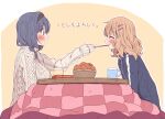  2girls black_hairband blonde_hair blue_hair blue_sweater blush breasts closed_eyes feeding food fruit furutani_himawari hairband highres holding holding_food holding_pocky kotatsu large_breasts looking_at_another medium_hair multiple_girls oomuro_sakurako open_mouth orange_(fruit) pocky sweater table takahero translation_request white_sweater yellow_background yuri yuru_yuri 