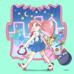  1girl absurdres bag bishoujo_senshi_sailor_moon blue_skirt bow chibi_usa chocolate-domino earrings highres jewelry moon_(ornament) neon_lights open_mouth pen pink_bag pink_hair red_bow red_eyes shopping shopping_bag skirt solo star_ornament walking 