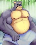  2023 abs absurd_res animal_crossing anthro bamboo barazoku bear curt_(animal_crossing) digital_drawing_(artwork) digital_media_(artwork) eyebrows food frown_eyebrows gio-joe hi_res hot_dog looking_at_viewer male mammal musclegut muscular muscular_anthro muscular_male nintendo nipples pecs shaded signature towel unibrow 