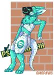  anthro clothed clothing diaper diaper_use hi_res leaning leaning_on_wall machine male omopaws onomatopoeia protogen relieved solo solo_focus sound_effects text wearing_diaper 