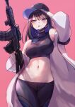  1girl :p absurdres arm_up bare_shoulders baseball_cap black_headwear black_pants black_shirt blue_archive blue_eyes blush breasts coat commentary cowboy_shot crop_top gun hat highres holding holding_gun holding_weapon large_breasts leggings long_sleeves midriff navel noomaru_(nomorepeople) off_shoulder open_clothes open_coat pants pink_background rifle saori_(blue_archive) shirt simple_background sleeveless sleeveless_shirt sniper_rifle solo standing stomach thighs tongue tongue_out weapon white_coat 