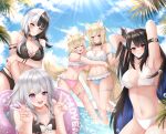  5girls absurdres animal_ear_fluff animal_ears arm_strap arm_under_breasts arms_behind_head bikini black_bikini black_hair blonde_hair bow breasts closed_eyes cloud collarbone dog_ears dog_tail double_v frilled_bikini frills fuwawa_abyssgard gem grey_hair heart-shaped_innertube highres hololive hololive_english horns innertube koseki_bijou large_breasts long_hair mococo_abyssgard multiple_girls navel nerissa_ravencroft o-ring o-ring_bikini open_mouth orange_eyes palm_tree pink_bikini pink_bow pink_nails popcornflakes purple_eyes purple_gemstone red_eyes shiori_novella sky small_breasts smile splashing swimsuit tail thigh_strap tree v virtual_youtuber water white_bikini white_bow 