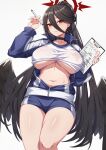 black_hair black_wings blue_archive blue_pants breasts choker collarbone gym_shirt gym_uniform hair_between_eyes halo hasumi_(blue_archive) hasumi_(gym_uniform)_(blue_archive) holding holding_notebook holding_pen huge_breasts jacket long_hair looking_at_viewer mole mole_under_eye navel notebook open_clothes open_jacket pants parted_lips pen ponytail red_eyes red_halo shirt simple_background underboob very_long_hair vococo white_background white_shirt wings 