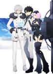  1girl 2boys armor armored_boots armored_leotard black_armor black_footwear black_gloves blue_eyes boots buttons fate/grand_order fate_(series) fujimaru_ritsuka_(male) fujimaru_ritsuka_(male)_(decisive_battle_chaldea_uniform) full_body fur-trimmed_jacket fur-trimmed_sleeves fur_trim gloves hair_between_eyes hand_on_own_chest hand_on_own_chin hand_on_own_hip head-mounted_display highres holding holding_shield holding_weapon holographic_interface jacket kadoc_zemlupus leotard light_purple_hair long_sleeves mash_kyrielight mash_kyrielight_(ortenaus) multiple_boys ne_f_g_o official_alternate_costume open_mouth pants profile purple_eyes shield shoes short_hair weapon white_footwear white_hair white_jacket white_pants yellow_eyes 