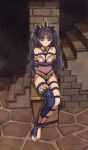  1girl absurdres arms_behind_back ass barefoot bdsm black_hair black_ribbon blush bondage bound breasts dated earrings fate/grand_order fate_(series) full_body hair_ribbon highres hoop_earrings ishtar_(fate) jewelry medium_breasts navel nero_augustus restrained ribbon rope shibari single_thighhigh sitting sleeping solo thighhighs toeless_legwear toes twitter_username two_side_up 