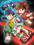  2boys backwards_hat bakusou_kyoudai_let&#039;s_&amp;_go!! black_hair blue_eyes blue_footwear blue_gloves brothers buster_sonic car clenched_hands dated gloves goggles goggles_on_head green_footwear green_headwear green_pants green_shorts grin hat highres male_child male_focus motor_vehicle multiple_boys pants partially_fingerless_gloves pocket race_vehicle racecar reaching red_eyes red_gloves red_shirt seiba_gou seiba_retsu shirt short_sleeves shorts shuu_come siblings signature smile socks spiked_hair vest white_shirt white_socks yellow_vest 