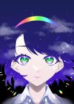  1girl absurdres blue_hair cloak close-up closed_mouth cloud cloudy_sky commentary_request eyelashes highres lips looking_at_viewer multicolored_eyes multicolored_hairband rainbow_eyes rainbow_gradient short_hair sky smile solo star_(sky) starry_sky tenkyuu_chimata touhou user_pymc8558 white_cloak 