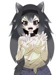  1girl @_@ animal_ear_fluff animal_ears bandages black_collar black_hairband collar colored_skin fang green_skin grey_hair hairband halloween_costume highres long_hair looking_at_viewer multicolored_skin open_mouth original simple_background solo tail twistedlupo wolf_ears wolf_girl wolf_tail 