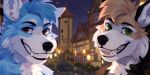  anthro black_nose blue_body blue_fur blue_hair brown_eyes building canid cheek_tuft corzh77 duo facial_tuft fangs fur glistening glistening_eyes green_eyes hair hi_res inner_ear_fluff lamp lantern looking_at_viewer male mammal neck_tuft night open_mouth open_smile orange_body orange_fur orange_hair outside short_hair sky smile teeth tuft white_body white_fur white_inner_ear_fluff 