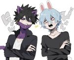  2boys ametaro_(ixxxzu) animal_ears arguing black_hair black_jacket black_shirt blue_eyes blue_hair boku_no_hero_academia burn_scar cat_boy cat_ears cat_tail cheek_piercing crossed_arms dabi_(boku_no_hero_academia) ear_piercing extra_ears highres jacket light_blue_hair looking_at_another male_focus medium_hair multiple_boys multiple_piercings multiple_scars nose_piercing open_mouth piercing rabbit_boy rabbit_ears rabbit_tail red_eyes scar scar_on_face scar_on_hand scar_on_mouth scar_on_neck shigaraki_tomura shirt short_hair simple_background spiked_hair staple stapled stitches tail white_background white_shirt wrinkled_skin 