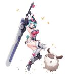 1girl :o ahoge armored_boots armpits arms_up artist_request ass bell black_gloves black_panties blue_hair blunt_bangs blush boots bow breasts bug butterfly cowbell curled_horns dress elbow_gloves eversoul full_body game_cg gloves grass greatsword hair_bow high_heels holding holding_sword holding_weapon horns knee_pads large_breasts looking_to_the_side lute_(eversoul) multicolored_hair official_art panties pink_bow pink_dress pink_ribbon purple_eyes ribbon sheep sheep_girl sheep_horns sheep_tail short_hair solo streaked_hair sword tachi-e tail thighs transparent_background underwear weapon white_hair wool 