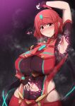  1girl arm_up armpits blush bodysuit breasts chest_jewel cleavage commentary_request curvy earrings fingerless_gloves gem gloves gradient_background headpiece highres impossible_clothes jewelry large_breasts looking_at_viewer navel plump ponponmaru pyra_(xenoblade) red_bodysuit red_eyes red_hair short_hair shorts simple_background skindentation smile solo steam stomach swept_bangs thighhighs thighs tiara xenoblade_chronicles_(series) xenoblade_chronicles_2 