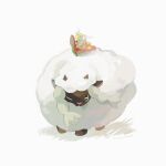  absurdres animal_focus closed_eyes flabebe highres holding mokuzou_(moku_ssbu) no_humans one_eye_closed pokemon pokemon_(creature) signature standing white_background wind wooloo 