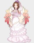  1girl bare_shoulders breasts bridal_garter bridal_veil brown_eyes brown_hair cleavage closed_mouth dress floral_background flower hair_flower hair_ornament ich. idolmaster idolmaster_cinderella_girls idolmaster_cinderella_girls_starlight_stage komuro_chinami lace_trim long_hair looking_at_viewer medium_breasts smile solo veil wedding_dress white_background 