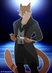  anthro clothing coat dagger dark_one demon domestic_cat eyewear felid feline felis glasses hi_res jesse_cat jewelry magic_user male mammal melee_weapon necklace palmarianfire pose solo topwear trenchcoat weapon 