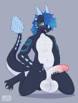  3_toes absurd_res anthro balls big_balls blue_eyes blue_hair blush bootyfeather circumcised claws dragon feet flustered genitals hair hi_res holding_penis horn humanoid_genitalia humanoid_penis male penis solo spiked_tail spikes spikes_(anatomy) toes 