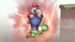  absurdres blue_overalls boots brown_footwear elephant_mario gloves hat highres jumping mario_(series) motion_blur open_mouth overalls red_headwear red_shirt shiburingaru shirt super_mario_bros._wonder white_gloves yoshi 