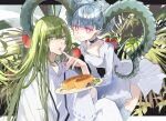  1girl 1other aqua_hair black_choker breasts choker commentary_request curled_horns dragon_horns dress enkidu_(fate) fate/grand_order fate_(series) food food_on_face fruit green_eyes green_hair hair_between_eyes holding holding_plate horns large_horns larva_tiamat_(fate) leaf long_hair looking_at_viewer medium_breasts open_mouth pink_eyes plant plate pointy_ears poppoman robe sitting sleeves_past_fingers sleeves_past_wrists symbol-shaped_pupils tiamat_(fate) white_dress white_robe x-shaped_pupils 