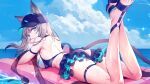  afloat animal_ears ass bare_back baseball_cap bikini blue_eyes blue_skirt cat_ears cat_girl crossed_arms feet_up grey_hair hand_on_own_face hat highres huge_ass looking_at_viewer looking_back lying non-web_source on_stomach shoes skirt swimsuit thigh_strap thighs 
