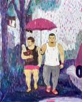  2boys abstract acrylic_paint_(medium) averting_eyes bag baguette bara beard black_tank_top blush bread brown_hair facial_hair food full_body goatee grey_pants hand_in_pocket highres holding holding_umbrella looking_to_the_side male_focus mature_male multiple_boys muscular muscular_male original painting_(medium) pants pink_shorts pink_theme rain receding_hairline shared_umbrella shopping_bag short_hair shorts sideburns sideways_glance slippers tank_top thick_eyebrows thick_thighs thighs torajiro_art track_pants traditional_media umbrella walking white_tank_top yaoi 