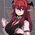 1girl black_wings blush bookshelf closed_mouth collared_shirt fang formicid hair_between_eyes head_wings holding holding_pen koakuma long_hair long_sleeves necktie pen pointy_ears red_eyes red_hair red_necktie shirt sleeve_garter smile solo touhou upper_body white_shirt wings 