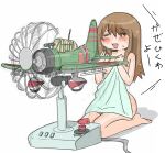  1girl :d =_= a6m_zero aircraft airplane barefoot blush brown_hair commentary_request electric_fan fang full_body hair_down kantai_collection long_hair naked_towel peropero_(komattakun) seiza shikinami_(kancolle) shikinami_kai_ni_(kancolle) sidelocks sitting smile solo toes towel translation_request 