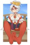  1girl absurdres bare_shoulders breasts feet foot_focus glasses gloves highres large_breasts purah red-framed_eyewear red_eyes round_eyewear sheikah sitting sleeveless softhanten soles solo the_legend_of_zelda the_legend_of_zelda:_tears_of_the_kingdom toes white_hair 